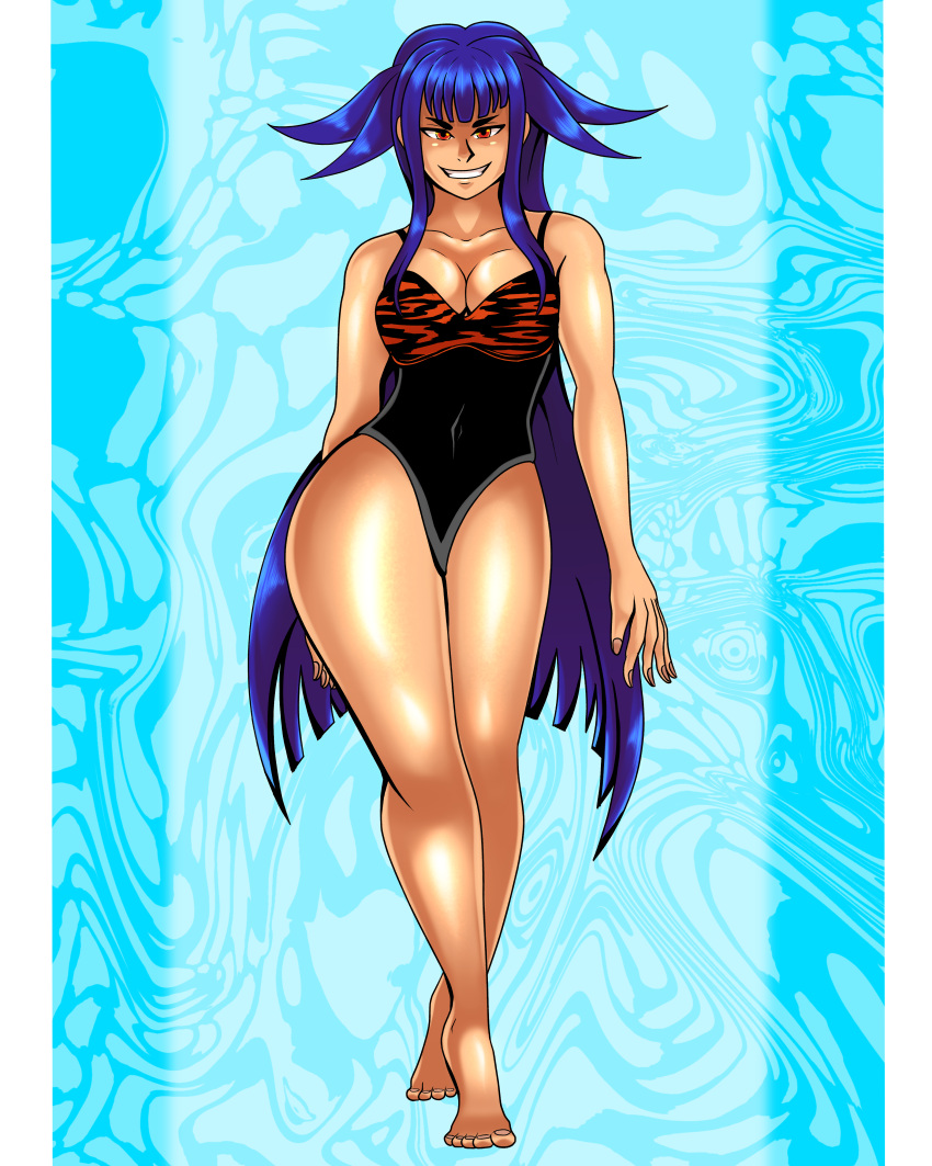 1girls bangs barefoot big_breasts breasts cate_(dual_dragons) dual_dragon female hair_fangs hime_cut long_hair one-piece_swimsuit original_character purple_hair red_eyes smile smirk swimsuit thick thick_thighs thighs walking wide_hips