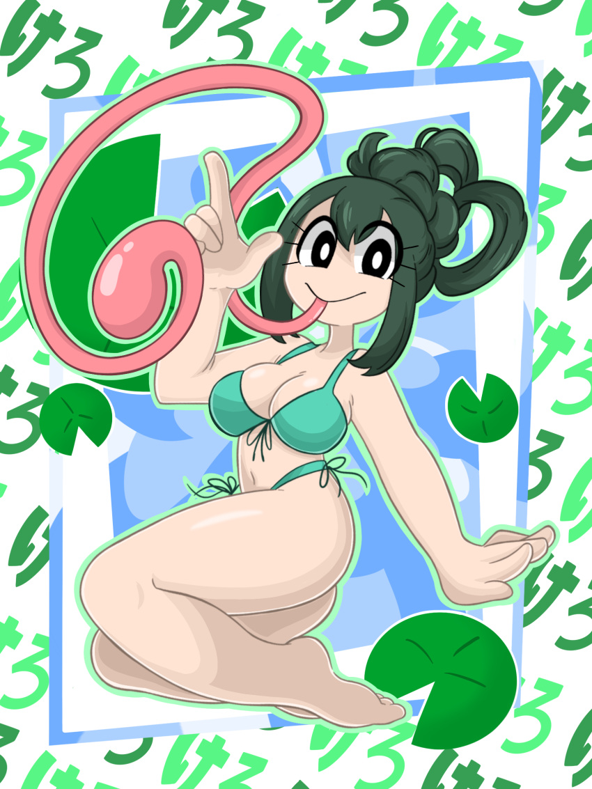 ass bikini frog_girl green_hair japanese_text jennlumm looking_at_viewer my_hero_academia samurairen thick_thighs tongue tongue_out tsuyu_asui