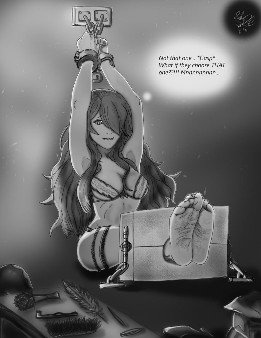 1girls anticipation arms_above_head arms_up barefoot bdsm biting_lip black_and_white bondage breasts camilla_(fire_emblem) captive captured captured_heroine chained chained_cuffs chained_up chained_wrists chains english_text feet feet_fetish feet_focus feet_together female female_only femsub fire_emblem fire_emblem_fates foot_fetish foot_focus foot_play hair_over_one_eye helpless imminent_tickling lingerie lip_bite long_hair monochrome nervous nintendo prisoner sex_toy shackle shackled shackles shin_designs sole soles stocks text tickle_torture tickling tickling_feet tools toys waiting