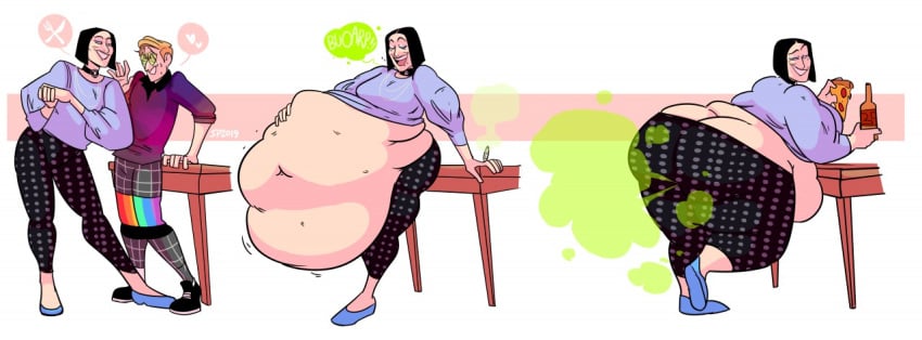 1boy 1girls after_vore ass ass_cleavage bbw belly big_ass big_belly bottle burp burping butt_crack clothing digestion fart fart_cloud fart_fetish farting fat female female_pred food huge_belly male male_prey obese overweight pizza post_vore_gas sequence smile sweatpants_(artist) vore weight_gain