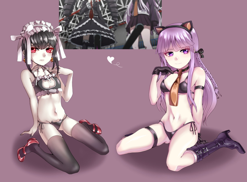 2girls bikini bikini_bottom bikini_top boots breasts cat_ears cat_lingerie catgirl celestia_ludenberg cleavage_cutout danganronpa danganronpa:_trigger_happy_havoc danganronpa_1 female female_only gloves kirigiri_kyouko lingerie multiple_girls n0_image small_breasts smooth_fur thighhighs thighs