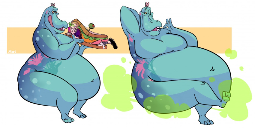 anthro belly big_belly blue_body common_hippopotamus fart hippopotamid hippopotamus human sequence sweatpants_(artist) vore