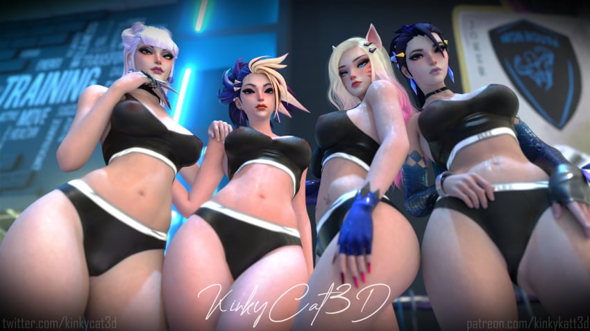 3d 4girls ahri akali athletic_female big_breasts blonde_hair blue_eyes breasts evelynn female_only fingerless_gloves group gym_uniform human k/da_ahri k/da_akali k/da_all_out_ahri k/da_all_out_akali k/da_all_out_evelynn k/da_all_out_kai'sa k/da_all_out_series k/da_evelynn k/da_kai'sa k/da_series kai'sa kinkycat3d kinkykatt3d large_breasts league_of_legends league_of_legends:_wild_rift light-skinned_female lipstick looking_at_viewer multiple_girls nail_polish nipples nipples_visible_through_clothing see-through see-through_clothing succubus underwear