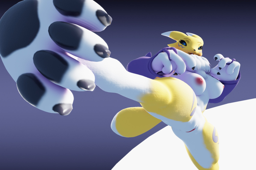 3d_(artwork) 4:3 anthro bandai_namco big_breasts black_sclera blender_(software) blue_eyes breasts canid canine chest_tuft clothed clothing digimon digimon_(species) digital_media_(artwork) dogzeela female fever-dreamer fox fur genitals hi_res high_kick kick mammal mane mostly_nude multicolored_body multicolored_fur nipples pussy renamon renamon_(dogzeela) ruff simple_background solo tongue tuft white_body white_fur yellow_body yellow_fur