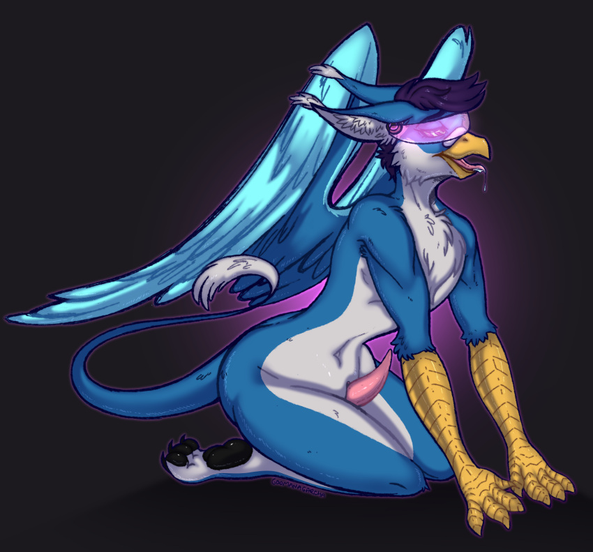 ambiguous_gender animal_genitalia anthro avian bird bodily_fluids drooling eyewear feathers fluffy genitals glasses goggles goomanagarcha gryphon hi_res horny hypno_(disambiguation) hypnosis male mammal mind_control mythological_avian mythology paws penis rail saliva slit tongue trance wings