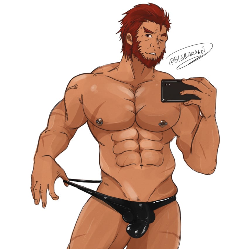 1male abs bigbaraboi bulge facial_hair fate_(series) flaccid iskandar_(fate) male male_focus male_only red_hair rider solo solo_male underwear_only wink