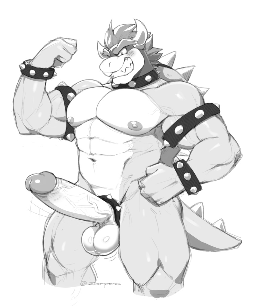 1boy abs accessory anthro armband balls bara big_pecs big_penis bowser bracelet cock_ring collar flexing gay genitals greyscale hi_res humanoid_genitalia humanoid_penis jewelry koopa male male_only mario_(series) monochrome muscular muscular_male navel nintendo nude pecs penis penis_accessory penis_jewelry scalie sharp_teeth shell simple_background smile solo spiked_armband spiked_bracelet spiked_cock_ring spiked_collar spiked_shell spikes spikes_(anatomy) teeth video_games white_background zerpreros