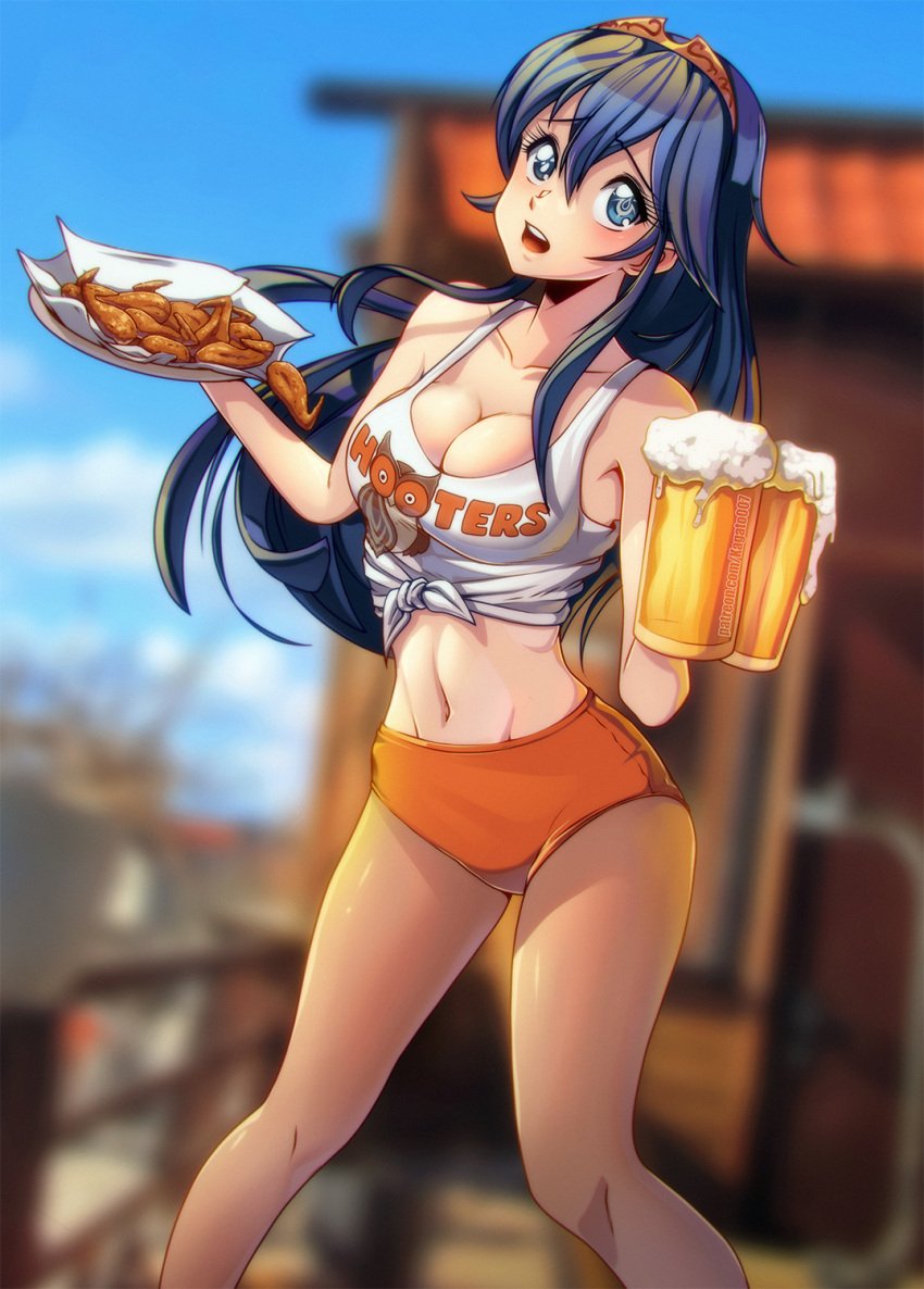 1girls alternate_costume bangs blue_eyes blue_hair blush breasts cleavage cup employee_uniform female female_only fire_emblem fire_emblem_awakening hair_between_eyes highres holding hooters kagato007 long_hair looking_at_viewer lucina_(fire_emblem) mug nintendo no_legwear open_mouth orange_shorts short_shorts shorts simple_background solo symbol-shaped_pupils tank_top uniform waitress