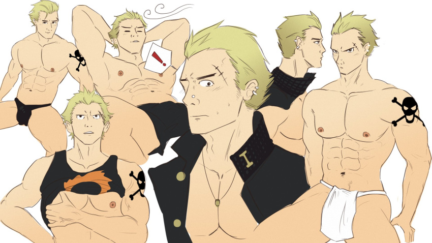 1boy abs bigbaraboi blonde_hair kanji_tatsumi male male_focus male_only persona persona_4 tattoo