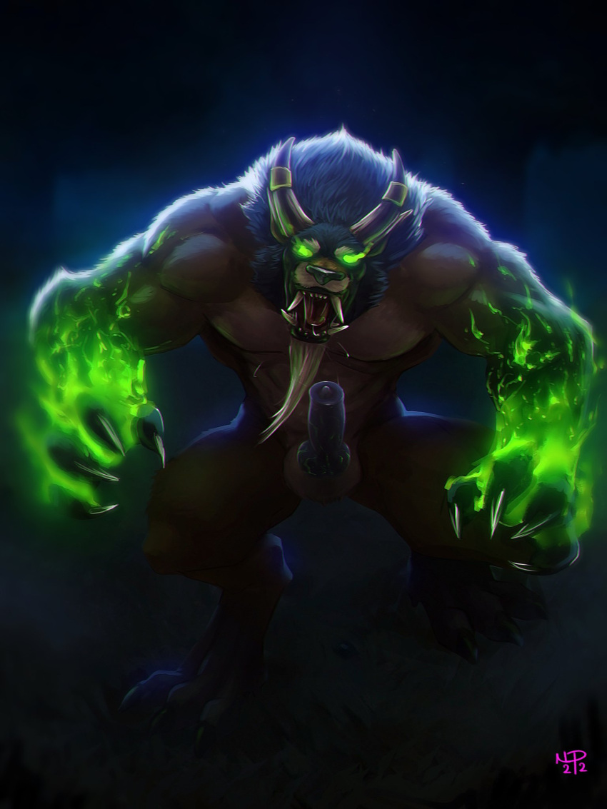 animal_genitalia animal_penis anthro black_background blizzard_entertainment burning_eyes canid canine canine_penis claws demon demonic demonic_eyes felfire fire forest fur genitals glowing glowing_eyes glowing_genitalia glowing_paws hi_res horn imminent_rape knot light lighting looking_at_viewer magic magic_user male mammal maned_wolf np4tch orange_body orange_fur paws penis plant riven_larange roaring runes simple_background solo solo_focus tree video_games warcraft were werecanid worgen