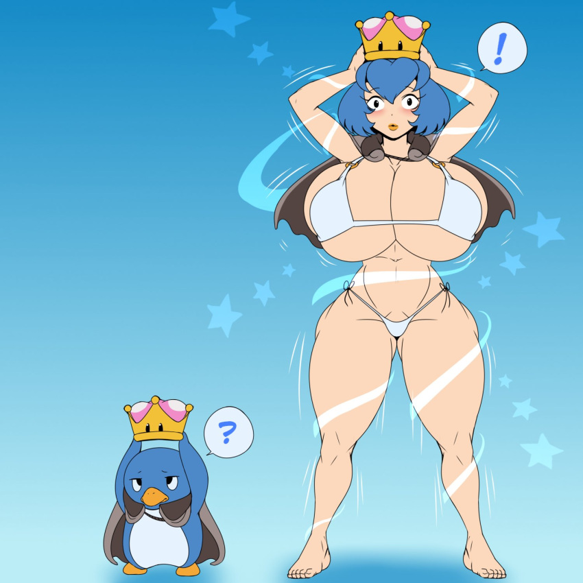 ! 1boy 1girls ? anthro_to_human barely_clothed ber00 big_breasts blue_hair blush female feral gender_transformation human illumination_entertainment king_penguin_(mario_movie) lipstick male male_to_female mario_(series) mostly_nude mtf_transformation new_super_mario_bros._u_deluxe nintendo penguin penguin_(mario) simple_background solo super_crown super_mario_bros. super_mario_bros._(2023_film) tagme thick_thighs transformation yellow_lipstick