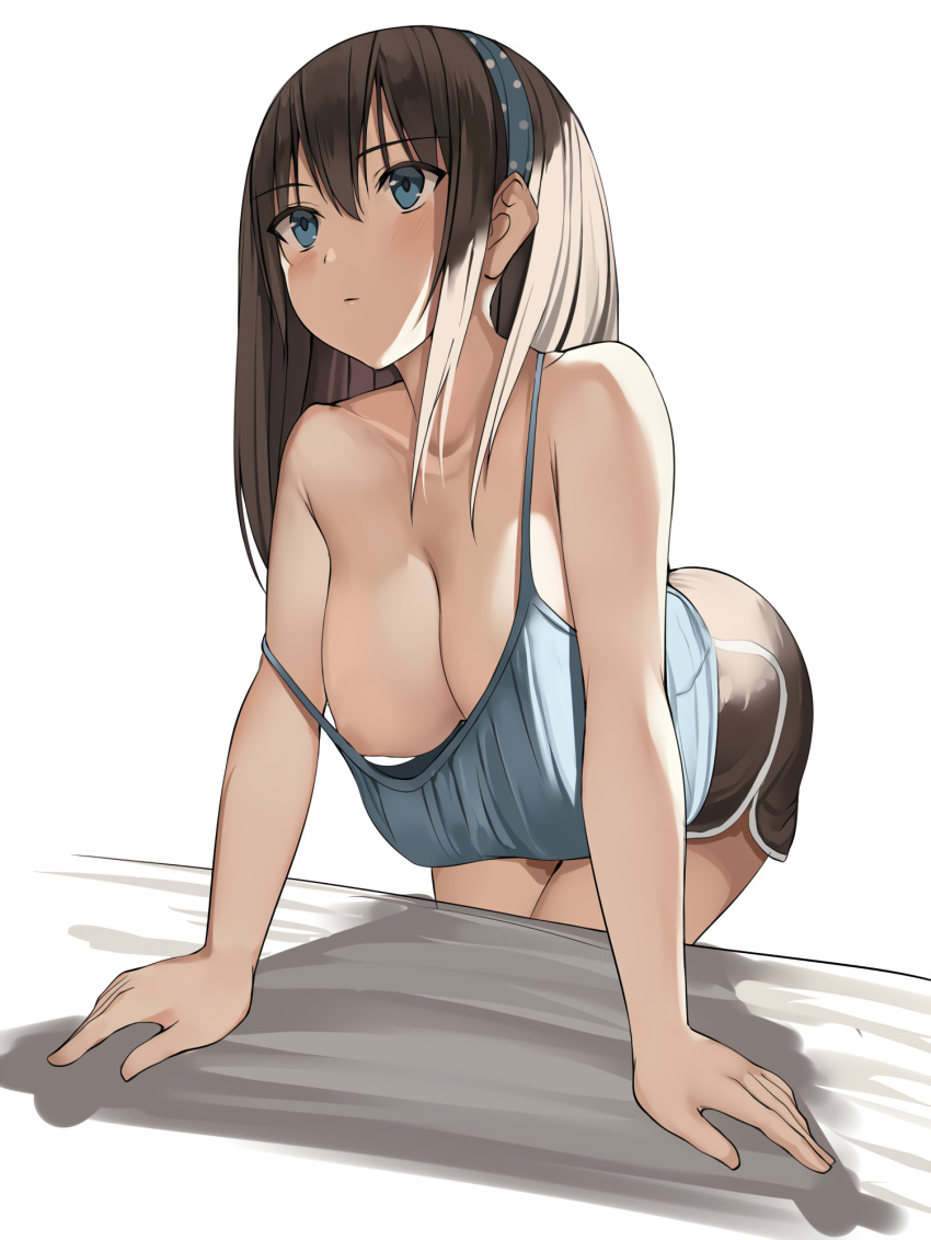 1girls 2020s 2022 bent_over black_hair blue_eyes blue_hairband blue_topwear blush brown_hair dolphin_shorts front_view hanging_breasts implied_indoors kureha_(ironika) large_breasts long_hair manga nipple_slip no_bra original shorts side_slit sleeveless solo solo_female spaghetti_strap strap_slip tank_top teenage_girl teenager tomboy tsubasa_(kureha) two_tone_bottomwear two_tone_bottomwear_(black&white)