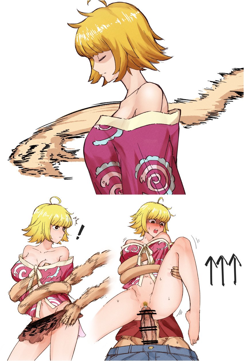 ! 1boy 1girls artist_request big_breasts big_penis blonde_female blonde_hair female gomu_gomu_no_mi imminent_penetration male marguerite monkey_d_luffy one_piece stand_and_carry_position