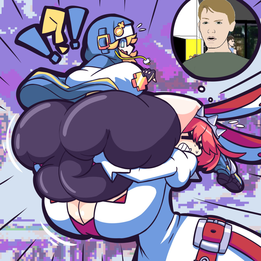 1boy 1girls ass ass_grab big_ass big_butt bike_shorts bridget butt_grab carrying deep_skin elphelt_valentine female femboy femboy_on_female gensin gigantic_ass guilty_gear huge_ass hyper_ass thick_thighs trip_(facade) wide_hips