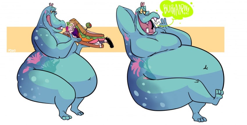 anthro belly big_belly blue_body burping common_hippopotamus hippopotamid hippopotamus human sequence sweatpants_(artist) vore