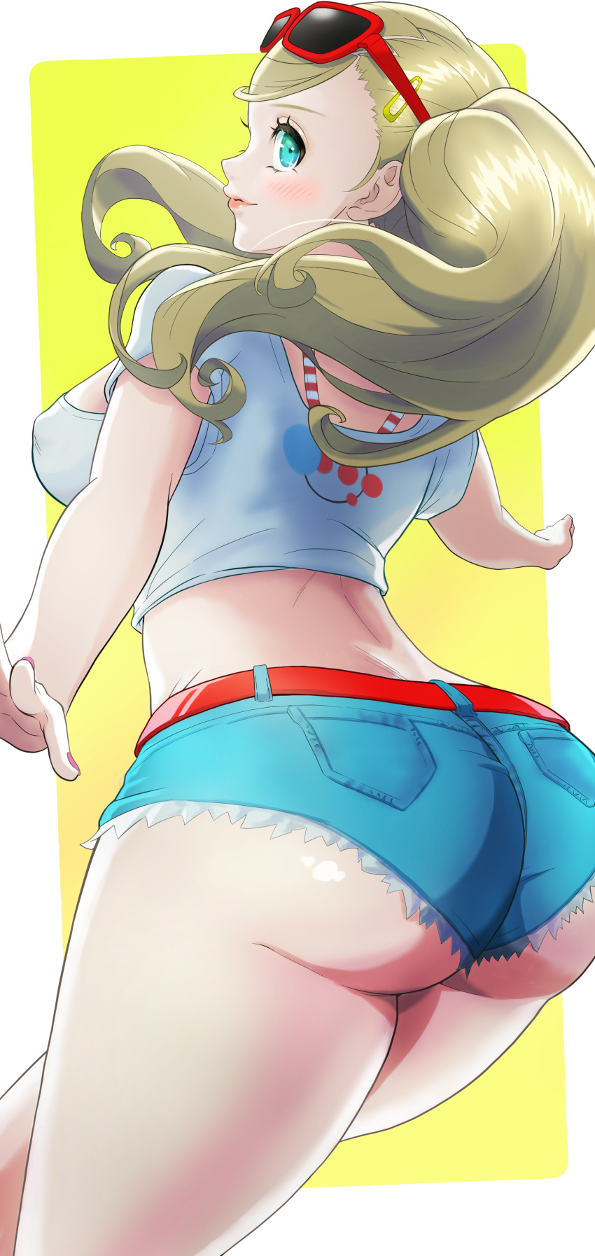 1girls ann_takamaki ass ass_focus atlus big_ass big_breasts blonde_hair blue_eyes breasts dat_ass eyewear_on_head female hi_res highres huge_ass legs long_hair looking_at_viewer neucia persona persona_5 presenting_hindquarters pussy short_shorts shorts simple_background skimpy_clothes sunglasses sunglasses_on_head thick_thighs twintails