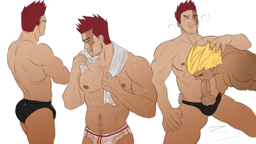 2boys all_might bigbaraboi blonde_hair blowjob endeavor_(my_hero_academia) enji_todoroki face_scar gay male male/male male_focus male_only muscular muscular_male my_hero_academia red_hair scar shounen_jump tagme toshinori_yagi underwear_only