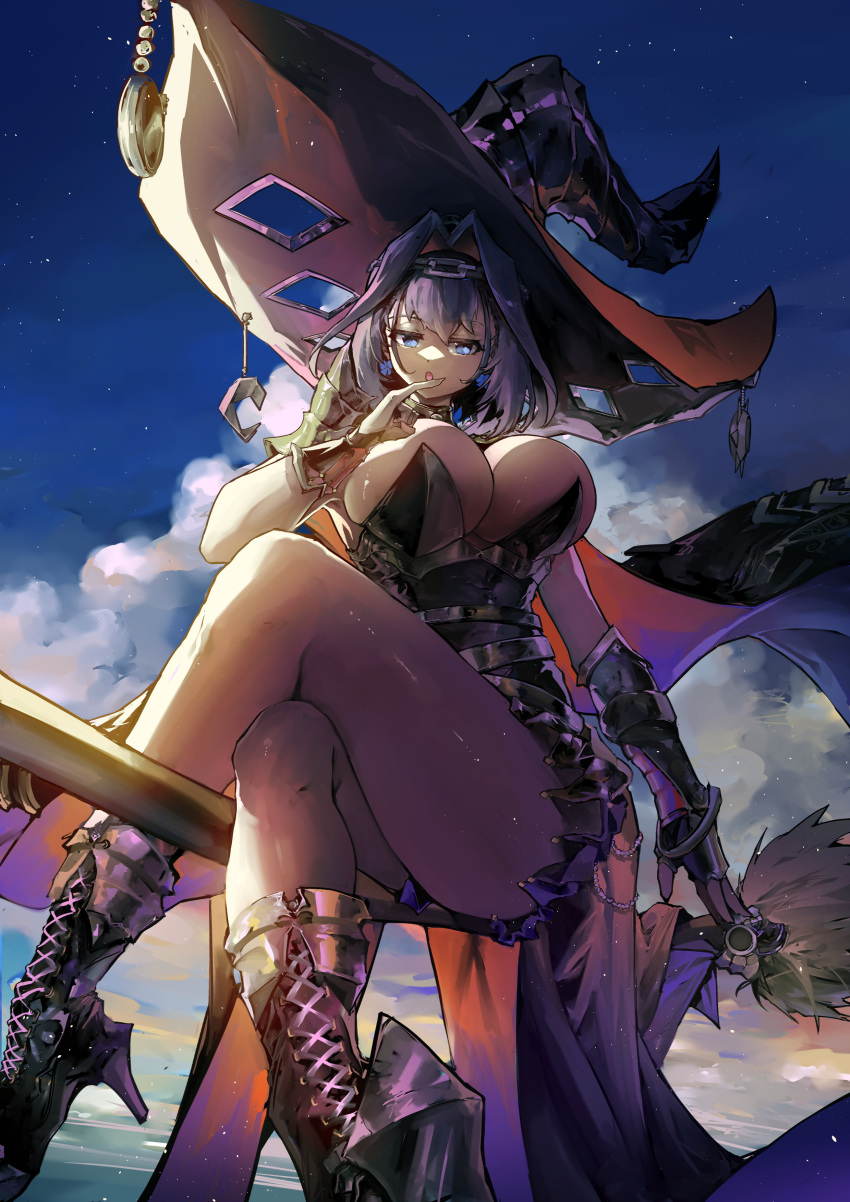 boots broom broom_riding cleavage crossed_legs fingerless_gloves hololive hololive_english hololive_english_-council- hololive_english_-promise- large_breasts legs_crossed looking_at_viewer nipples_covered open_mouth ouro_kronii tagme thighs virtual_youtuber vyragami witch witch_hat