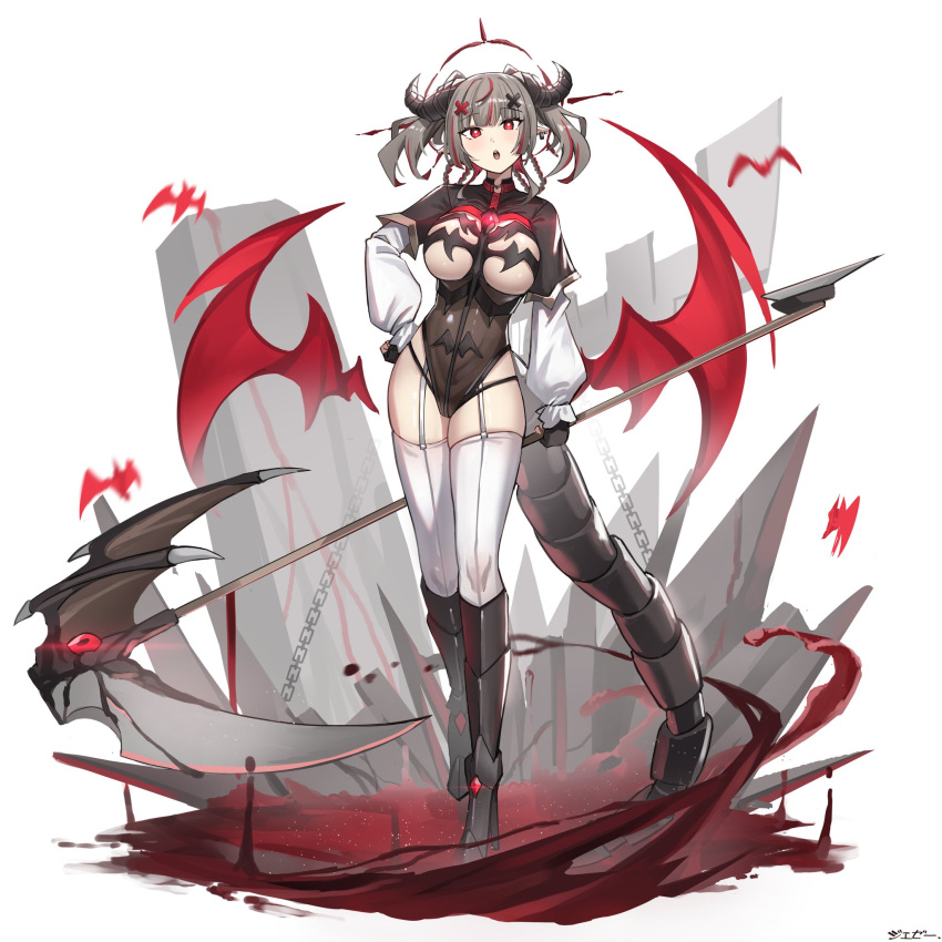 1girls artsjeze_(jeze) blood bloody_wings dragon_girl dragon_tail female female_only heart-shaped_pupils horns light-skinned_female light_skin lucia/ルーシア_(artsjeze) monster_girl original pointy_ears scythe solo symbol-shaped_pupils tail wings