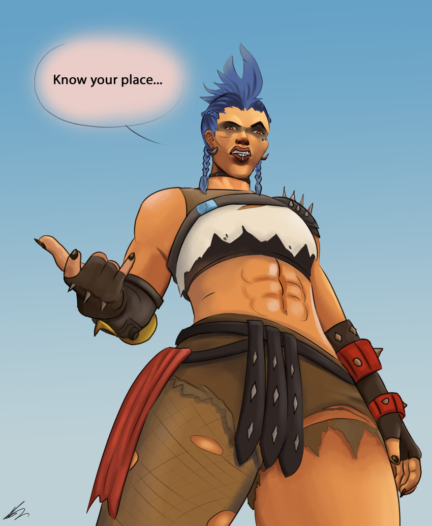 1girls 2d abs circulatingart dark-skinned_female female female_only junker_queen know_your_place looking_at_viewer meme mildly_muscular_woman muscular muscular_female overwatch overwatch_2 solo thick_thighs