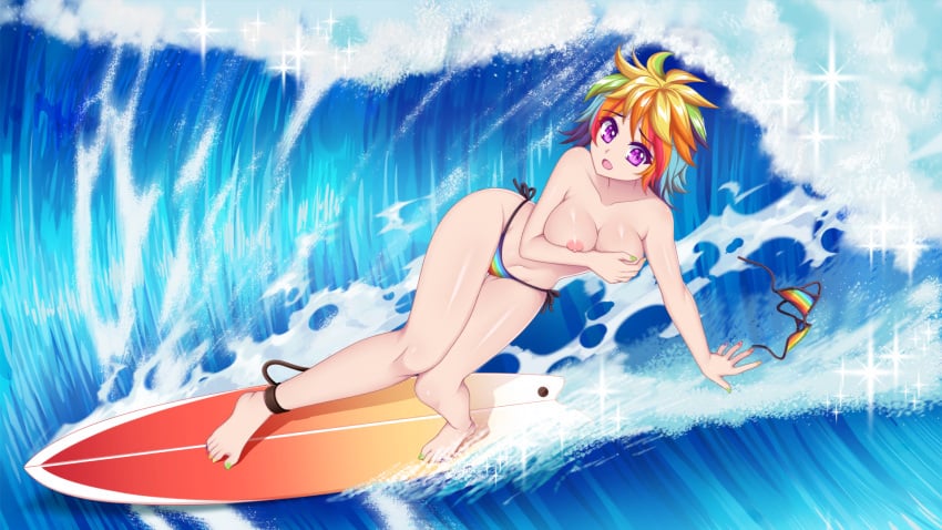 1girls accurate_art_style bikini bikini_bottom bikini_top bikini_top_removed crush_crush female female_focus female_only game_cg hush_hush iro_(crush_crush) ocean purple_eyes rainbow_hair sad_panda_studios sea solo solo_female solo_focus surfboard surfing topless topless_female water