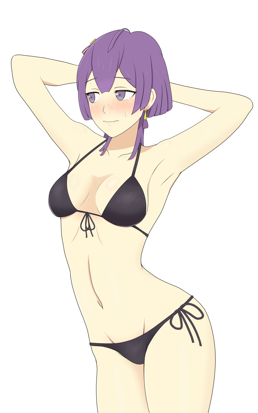 1girls alternate_costume armpit_focus armpits arms_behind_head bangs bernadetta_von_varley bikini black_bikini black_swimsuit blush breasts earrings embarrassed female female_only fire_emblem fire_emblem:_three_houses looking_away medium_breasts navel nervous nintendo pose post-timeskip purple_eyes purple_hair short_hair solo swimsuit wavy_mouth white_background yoshio_hentai