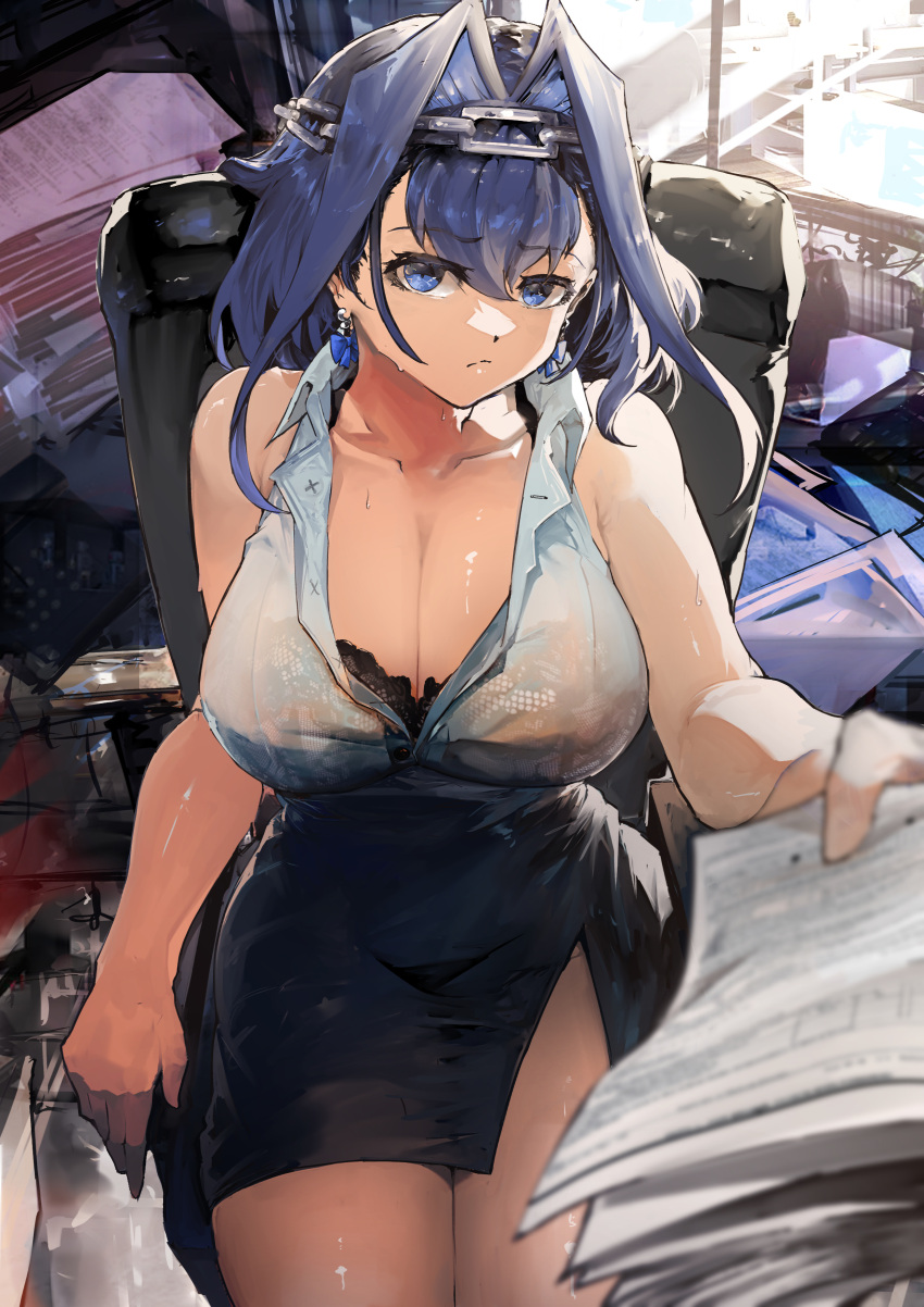 1girls bra cleavage female female_only holding_object holding_paper hololive hololive_english hololive_english_-council- hololive_english_-promise- looking_at_viewer ouro_kronii secretary sitting skirt sleeveless solo tagme virtual_youtuber vyragami