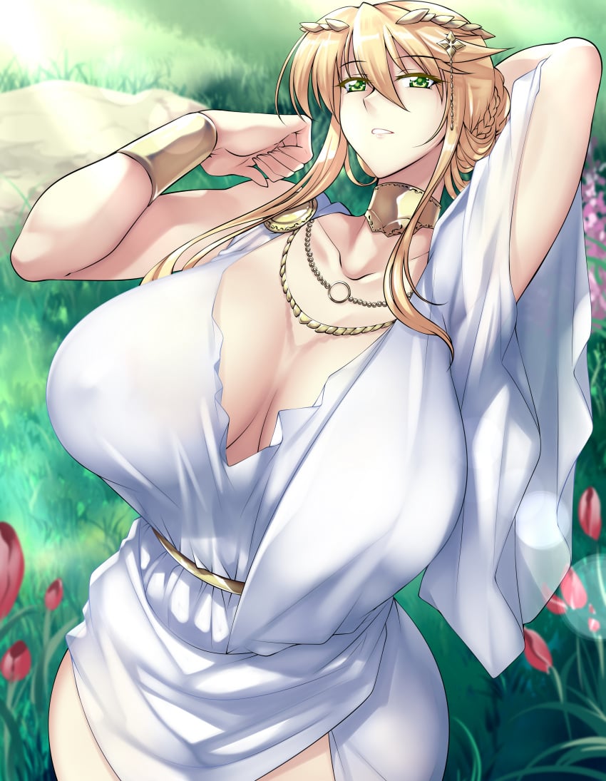 1girls absurd_res absurdres arm_guards arms_up artoria_pendragon artoria_pendragon_(lancer) artoria_pendragon_(swimsuit_ruler) artoria_pendragon_(swimsuit_ruler)_(dream_portrait)_(fate) bangs big_breasts blonde_hair breasts breasts_apart breasts_bigger_than_head busty child_bearing_hips choker cleavage clothed clothed_female clothing deity dress fate/grand_order fate_(series) female female_focus female_only field field_background flowers goddess gold_armguards gold_choker grass green_eyes haganef hair_ornament high_resolution highres hips huge_breasts large_filesize light-skinned_female light_skin outdoors parted_lips red_flower sidelocks solo solo_female solo_focus standing sunshine very_high_resolution white_clothes white_clothing white_dress wide_hips