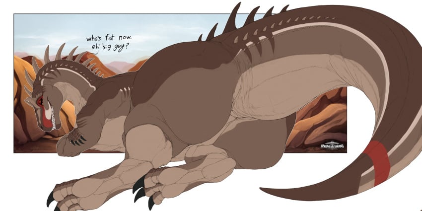 1girls allosaur allosaurid allosaurus artist_name claws dinosaur dinosaur_tail dragons_and_drawings english_text female feral huge_ass kyra_(dragons_and_drawings) looking_at_viewer looking_back lying_down original original_character sharp_teeth spikes teeth vore