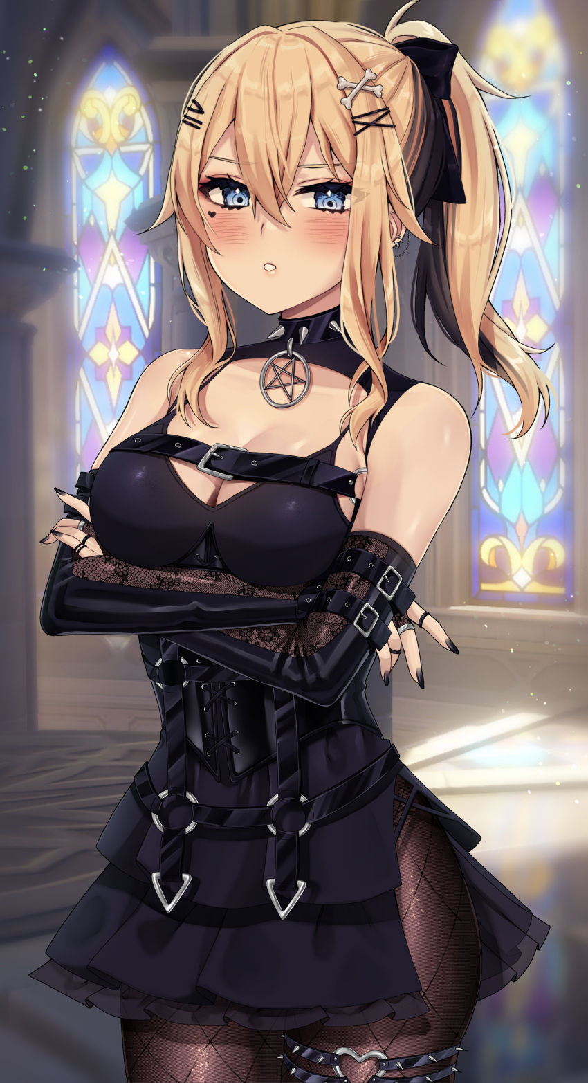 1girls arms_folded black_highlights blonde_hair blue_eyes blush bone_hair_ornament breasts choker church cleavage clothed clothed_female collar crossed_arms detached_sleeves dress female fishnet_legwear fishnet_pantyhose fishnets genshin_impact goth gothified hair_between_eyes hair_ornament hairclip hi_res jean_gunnhildr legband long_hair looking_at_viewer makeup medium_breasts painted_nails pentagram ponytail ring short_dress sidelocks slim_waist spiked_collar spiked_legband spikes thick_thighs thighs vitaminechan x_hair_ornament