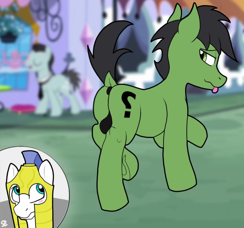 2022 anon anon_stallion anus armor background_character balls black_anus black_balls black_hair black_mane black_tail blue_eyes blush blush_lines canterlot cutie_mark digital_media_(artwork) dock duo duo_focus earth_pony equid equine exhibitionism feral friendship_is_magic gay genitals green_body green_eyes group hair hasbro headgear helmet hi_res horse inviting looking_away looking_back male male/male mammal mane my_little_pony nude pony presenting raised_tail royal_guard_(mlp) screencap screencap_background sefastpone tongue tongue_out white_body yellow_helmet