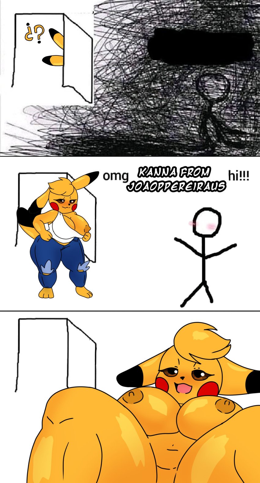 1boy 1girls ass big_breasts blush breasts cosplay_pikachu frederickjdraws implied_penetration implied_sex kanna_(joaoppereiraus) meme omg omg_hi! pikachu pokémon_(species) pokemon stickman thick_ass thick_thighs yellow_body yellow_fur