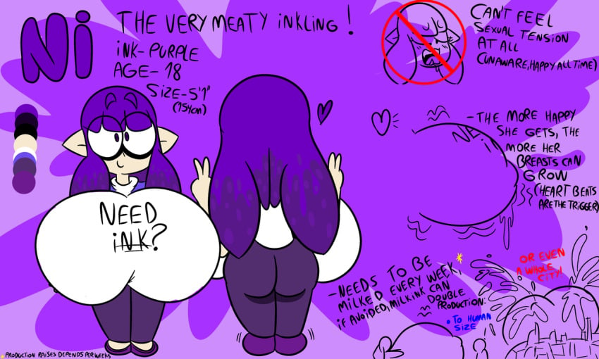 1girls ass breast character_sheet color_palette english_text female female_focus female_only heart hyper hyper_breasts inkling lactating lactation lactation_through_clothes large_breasts long_hair ni_(pehnnelenne) nintendo nipple_bulge original_character pehnnelenne purple_hair splatoon splatoon_(series) tentacle_hair text thighs