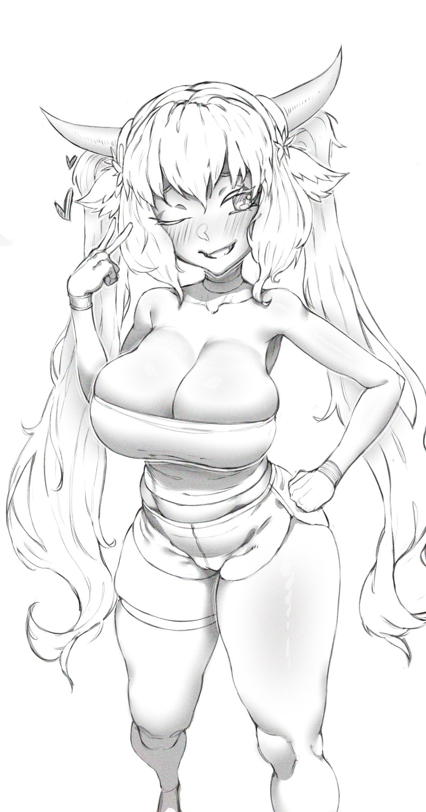 cleavage large_breasts makinakid monochrome one_eye_closed romolla shorts tubetop twintails virtual_youtuber vtuber