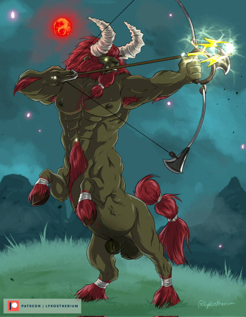 abs anthro armpit_hair balls beard body_hair bow_(weapon) braided_beard breath_of_the_wild facial_hair genitals grass hair hi_res hooves horn long_beard lykostherium lynel male male_only mane moon nintendo nipples pecs penis plant ranged_weapon red_beard red_hair red_moon solo taur the_legend_of_zelda video_games weapon