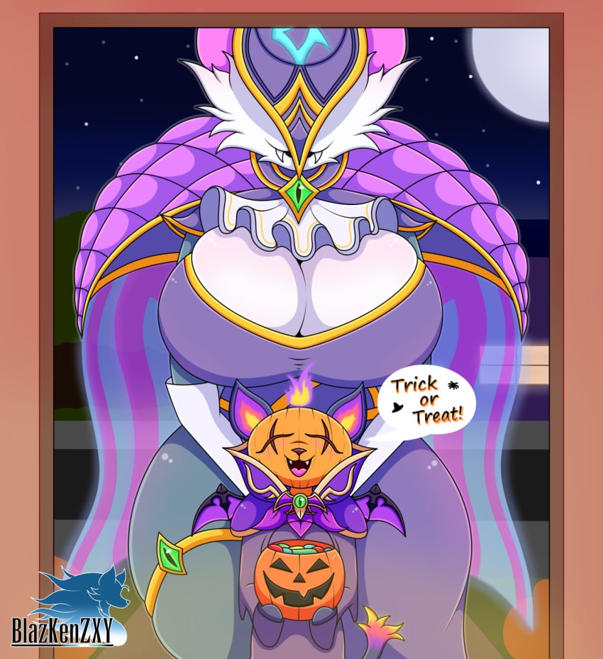 2022 anivia anthro batnivia bewitching_yuumi big_breasts black_fur blazkenzxy candy chiropteran cleavage closed_eyes clothed clothing dialogue digital_drawing_(artwork) digital_media_(artwork) domestic_cat duo fangs felid feline felis female fire gem harrowing_series jewelry larger_female league_of_legends multicolored_tail obscured_eyes pumpkin pumpkin_head signature simple_background tales_from_the_rift_series text thick_thighs trick_or_treat two_tone_fur white_fur wide_hips wings witch_hat yuumi_(lol)