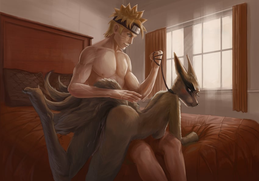 bed bed_sheet bedroom bijuu blush breasts curtains detailed_background dog_collar excessive_pussy_juice female_kurama_(naruto) fox furry human kadarts kurama leash leash_pull naruto pillow puffed_cheeks pussy pussy_juice pussy_juice_drip red_eyes rule_63 smirk spanking uzumaki_naruto window