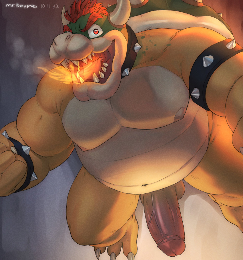 2022 anthro armband balls bara barazoku belly biceps big_belly big_muscles big_pecs big_penis bowser bracelet breath_powers claws collar dated elemental_manipulation erection eyebrows fire fire_breathing fire_manipulation genitals grey_background hair hi_res high-angle_view horn huge_muscles humanoid_genitalia humanoid_penis jewelry koopa looking_at_viewer male male_only mario_(series) mrkeypoo musclegut muscular muscular_anthro muscular_male navel nintendo nipples non-mammal_balls non-mammal_nipples nude open_mouth open_smile pecs penis scalie shell signature simple_background smile solo spiked_armband spiked_bracelet spiked_collar spiked_shell spikes spikes_(anatomy) standing super_mario_bros._(2023_film) teeth thick_penis tongue vein video_games