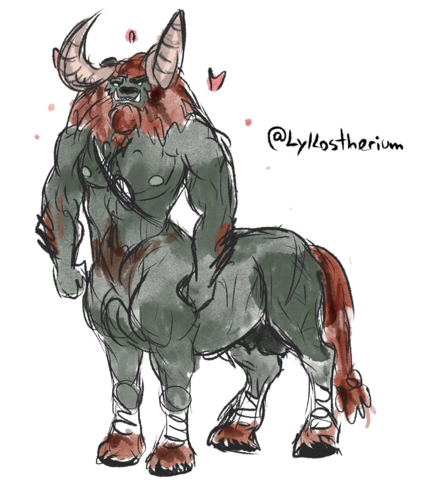 anthro balls beard braided_beard breath_of_the_wild facial_hair flaccid genitals hair heart hi_res hooves horn long_beard lykostherium lynel male male_only mane nintendo nipples pecs penis red_beard red_hair solo taur the_legend_of_zelda video_games