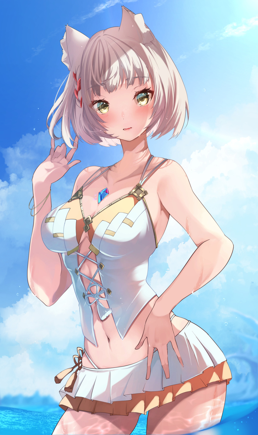 1girls absurd_res athletic_female bob_cut bracelet braid breasts cat_ears catgirl cleavage core_crystal cowboy_shot day female_only g-string gold_eyes highres light-skinned_female medium_breasts midriff mio_(xenoblade) navel nintendo ocean open_mouth orange_swimsuit pinup posing risumi_(taka-fallcherryblossom) silver_hair solo solo_female spaghetti_strap swimsuit thick_thighs thighs tied_bikini tummy wading water wet xenoblade_(series) xenoblade_chronicles_3 yellow_eyes