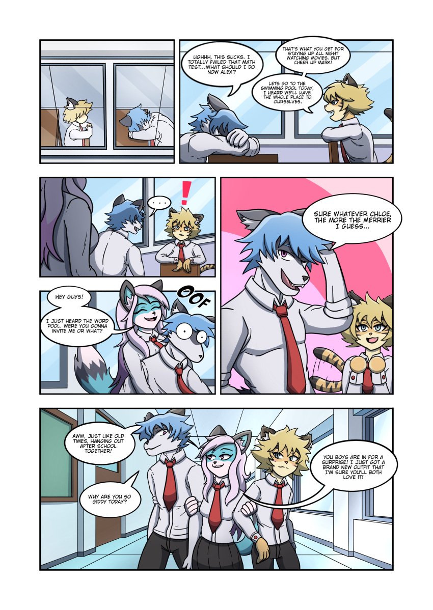 1girls 2boys anthro comic comic_page commission cxrryart femboy fox furry furry_only lion original school_uniform schoolgirl text text_bubble wolf