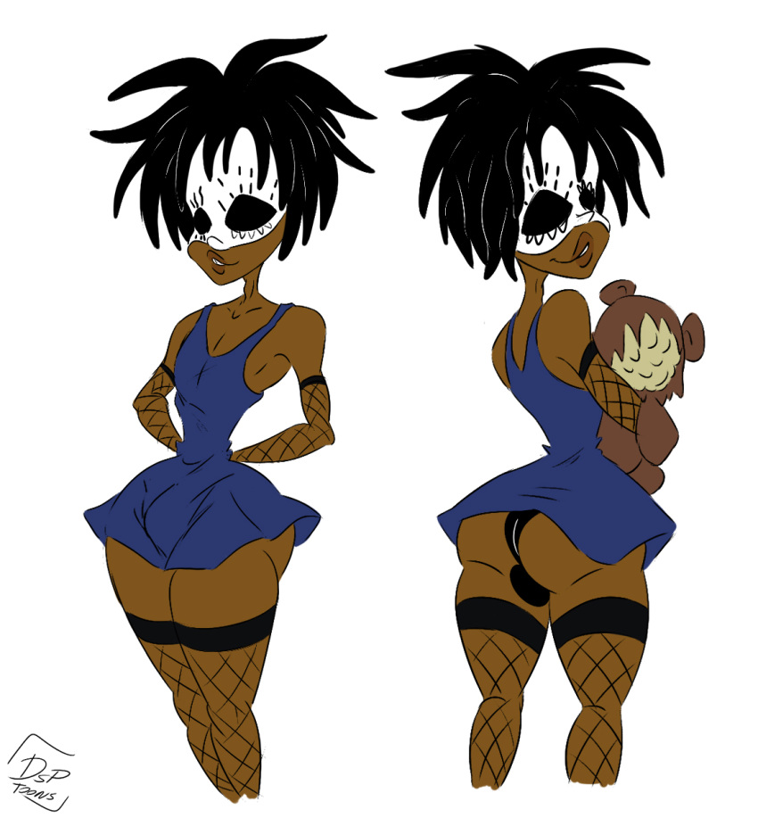 1boy 1male big_ass big_butt black_eyes black_hair bottom_heavy bottomless bottomless_male bottomwear bulge_grab crossdressing dark-skinned_femboy dark-skinned_male dark_skin dreadlocks dsptoons femboy gay johnnascus lil_darkie masked_male panties penis_under_clothes spider_gang stockings wide_hips