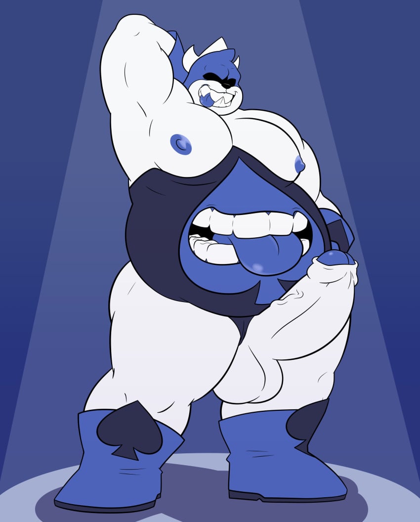 anthro arm_up balls bara big_balls big_penis boner darkner deltarune erection gay hand_behind_head hand_on_hip king_spade male male_only monster musclegut muscles penis redeyedgazer solo solo_male stomach_mouth tongue_out white_body