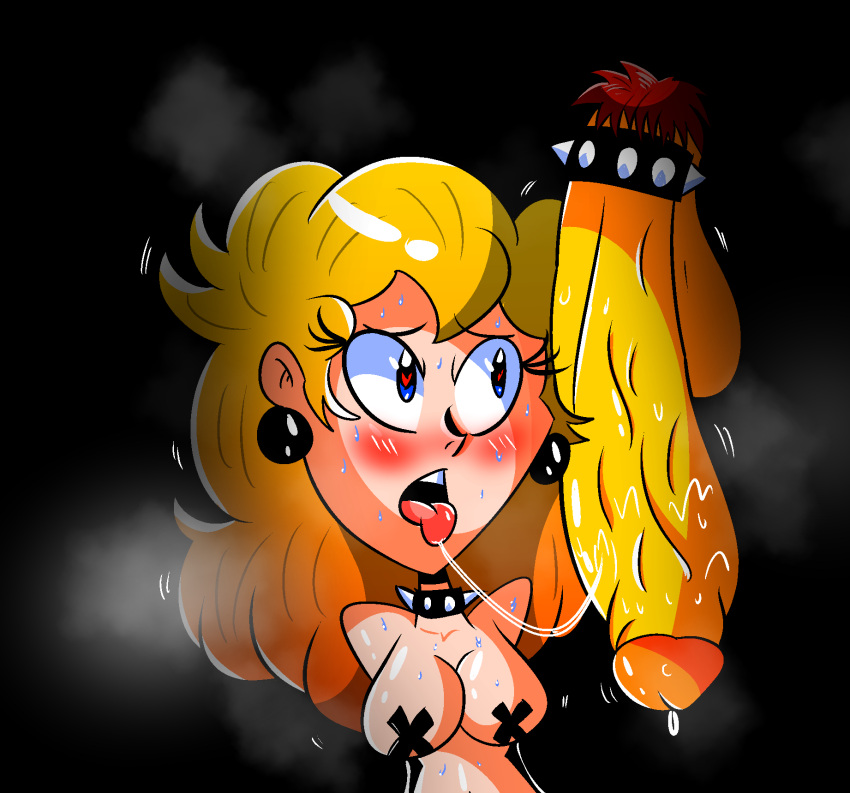 1boy 1girls bad_censor blonde_hair blue_eyes bowser breasts cock_ring cock_worship covering female male mario_(series) nebulapixels princess_peach saliva_trail sweat