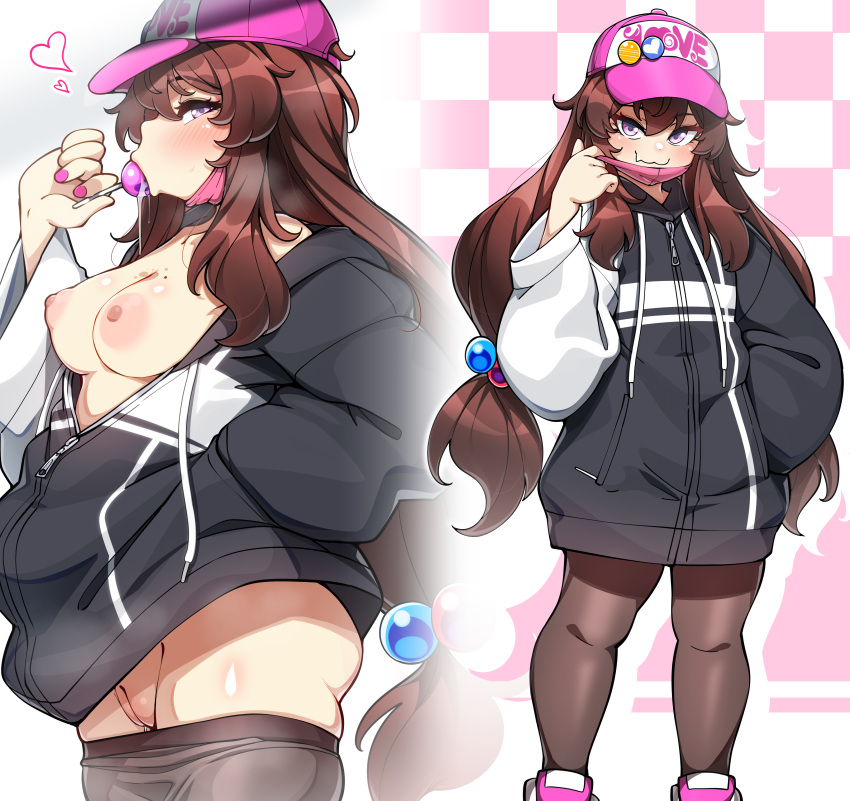 1girls absurdres ass bare_shoulders baseball_cap black_hoodie blush breasts brown_hair brown_leggings candy checkered_background closed_mouth collarbone cowboy_shot curvy daughter_(konoshige) female female_only food freckles from_side hand_in_pocket hat heart highres hood hoodie konoshige_(ryuun) leggings leggings_pull lollipop long_hair long_sleeves looking_at_viewer mask medium_breasts mouth_mask multiple_views nail_polish nipples no_bra no_panties off_shoulder original oversized_clothes oversized_hoodie pink_nails purple_eyes pussy ryuun_(stiil) shiny shiny_skin shoes smile smug sneakers solo standing streetwear surgical_mask twintails uncensored