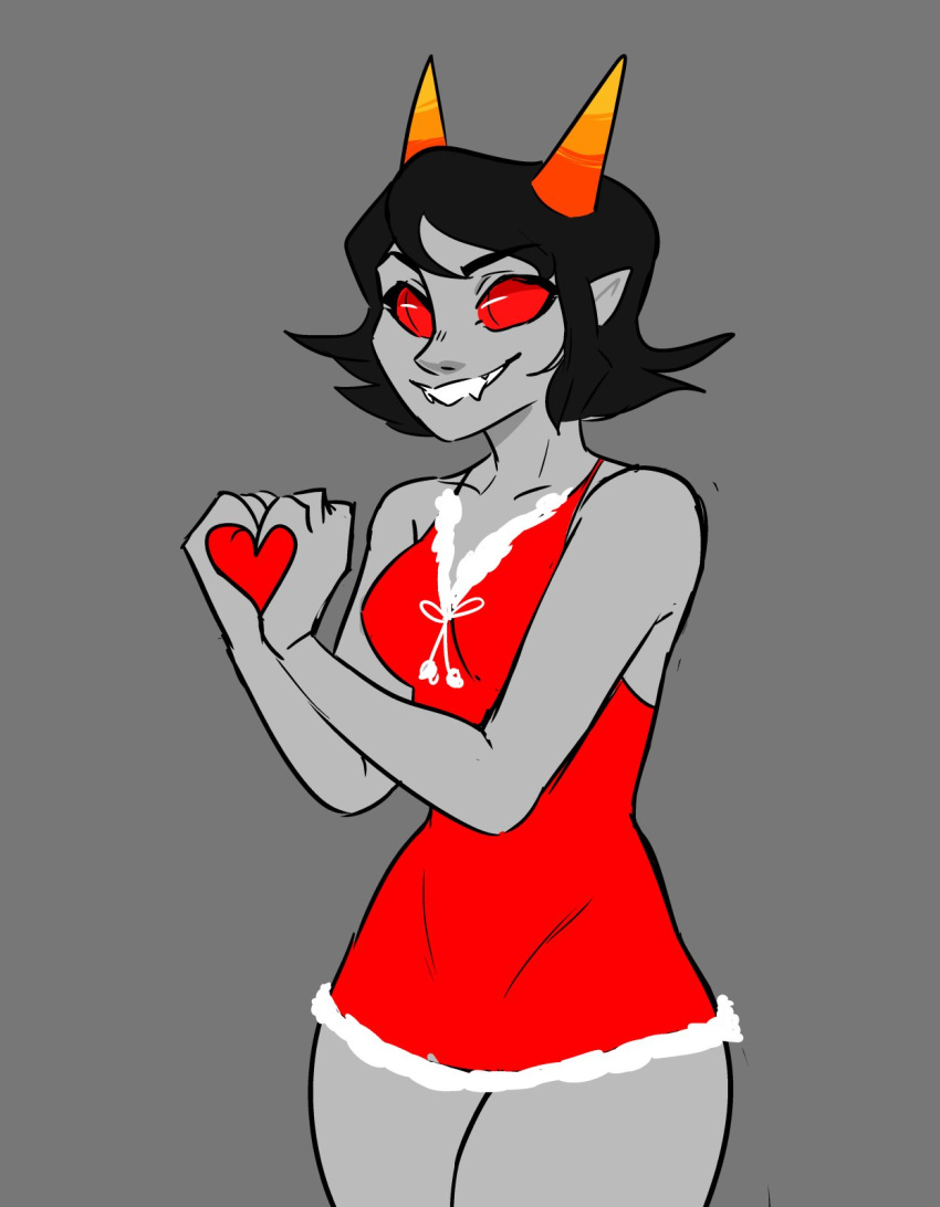 black_hair dress female heart heart_hands homestuck horns lingerie lingerie_only looking_at_viewer pumpkinsmut red_eyes sharp_teeth short_dress simple_background small_breasts smile solo terezi_pyrope