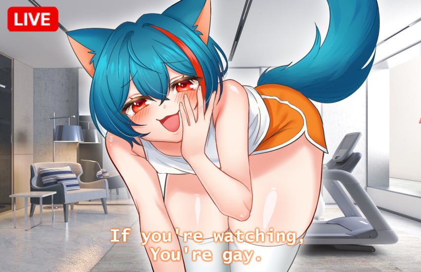 1boy 2020s 2022 animal_humanoid anthro bent_over blue_hair bottomwear canid canid_humanoid canine canine_humanoid clothing dialogue dog_humanoid dolphin_shorts english_text femboy front_view girly gym hair hand_on_cheek hi_res hotpants humanoid humor indoors inside legwear looking_at_viewer male male_only mammal mammal_humanoid merryweather_(vtuber) narrowed_eyes open_mouth rakusan_maple red_eyes shorts side_slit solo streaming tail_through_bottowear talking_to_viewer text thigh_highs tomboy treadmill two_tone_bottomwear two_tone_bottomwear_(orangeandwhite) virtual_youtuber vtuber white_body white_clothing white_legwear white_skin white_thigh_highs