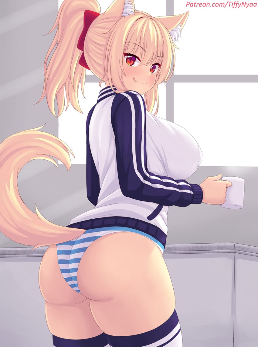 1girls ass blonde_hair breasts bubble_butt cat_ears cat_tail catgirl female huge_breasts jacket large_ass light-skinned_female light_skin long_hair looking_at_viewer naughty_face panties red_eyes sideboob smile striped_panties suggestive_look tail tiffy tiffynyaa track_jacket