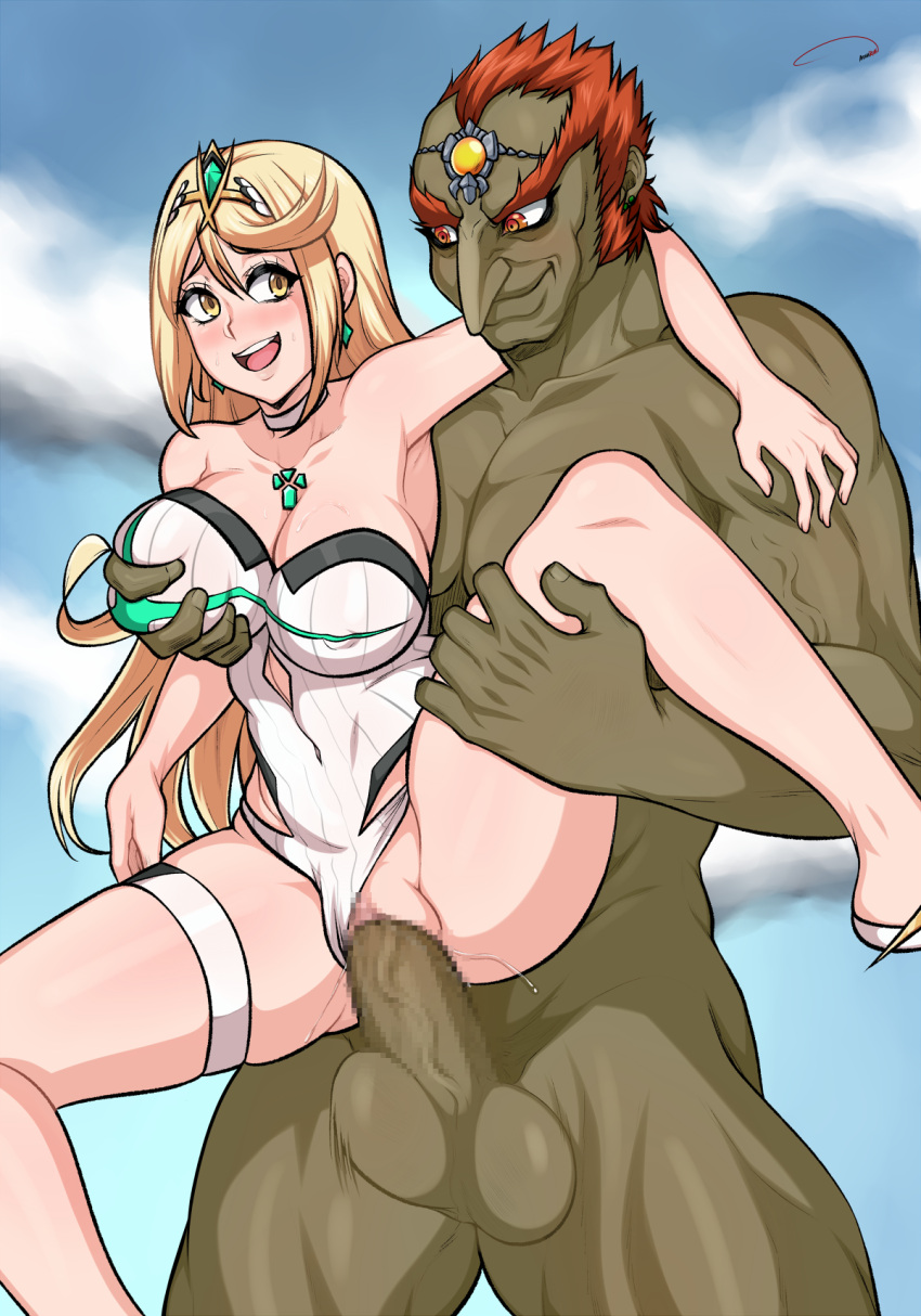 1boy 1girls aldharoku balls big_balls big_breasts big_penis blonde_hair bottomless breast_grab breast_squeeze breasts censored crossover ganondorf ganondorf_(ocarina_of_time) green_skin groping groping_breasts leg_spread looking_at_partner looking_back low-angle_view mosaic_censoring mythra nintendo ocarina_of_time penetration penis pleasuring_the_enemy princess pussy_juice red_eyes red_hair royalty sex size_play smile spread_legs stand_and_carry_position super_smash_bros. testicles the_legend_of_zelda thick_thighs thighs vaginal_penetration vaginal_sex veiny_penis xenoblade_(series) xenoblade_chronicles_2 yellow_eyes