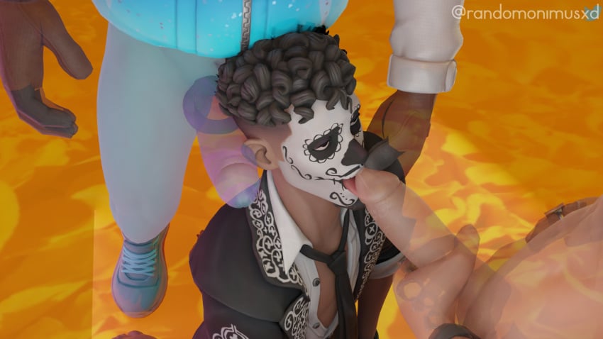 3boys 3d blender blowjob dia_de_los_muertos facepaint fortnite fortnite:_battle_royale gay ghost kneeling llambro_(fortnite) looking_at_partner looking_up male_focus open_shirt out_of_frame penis_grab penis_on_shoulder randomonimusxd raz_(fortnite) riptide_raz salvador_(fortnite) smiling suit threesome tie tongue_out touching_face